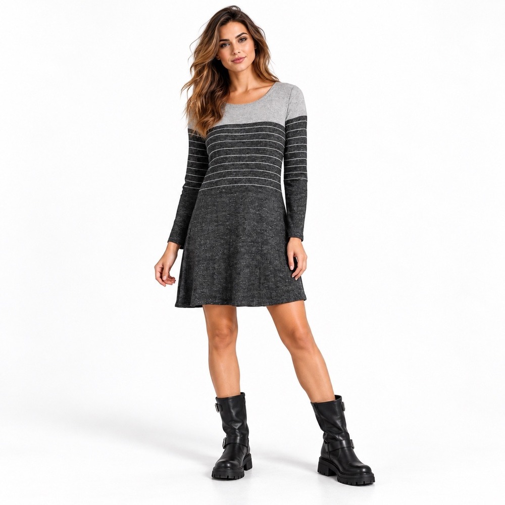 Ella Mara Gray Striped Knit Dress M Petite Minimalist Quiet Luxury Soft Girl
